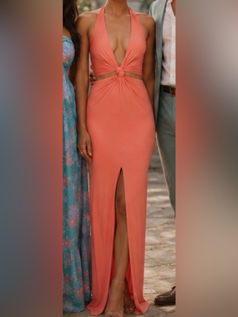 JLUXLABEL Coral Halter Cutout Pencil Dress with Front Slit